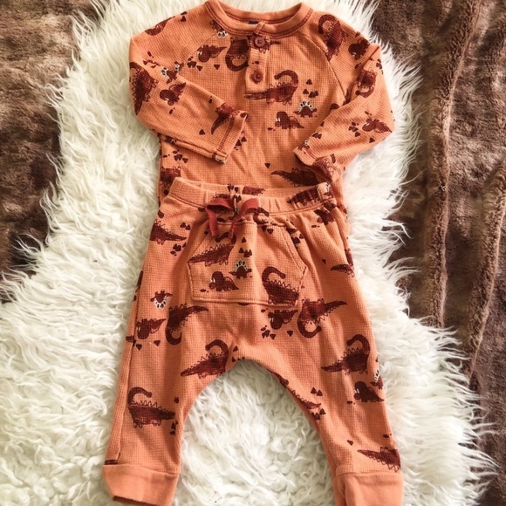 Old Navy Rusty Orange Two Piece Red Dinosaur Print Onesie and Pants 6-12 M